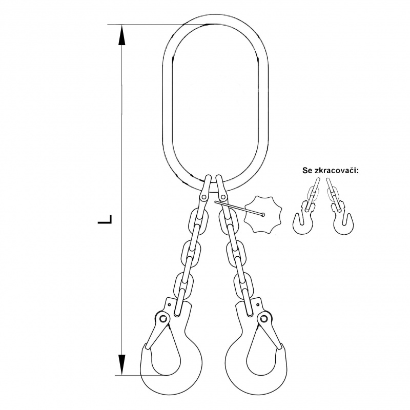 Vázací 2x řetěz T8 velké oko - hák se zkrac. háky 5,5m 2,8 tun (0˚- 45˚) / 2 tuny (45˚- 60˚) produkt 79930844