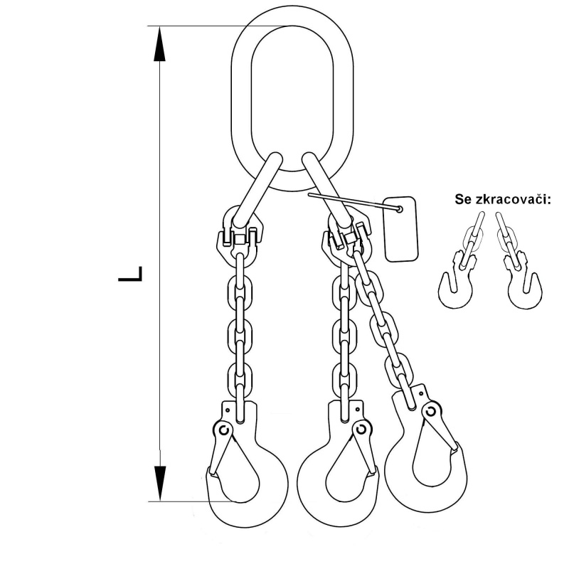 Vázací 3 x řetěz T8 oko-hák se zkrac. háky 2m 4,25 tun (0˚- 45˚) / 3 tuny (45˚- 60˚) produkt 79931930