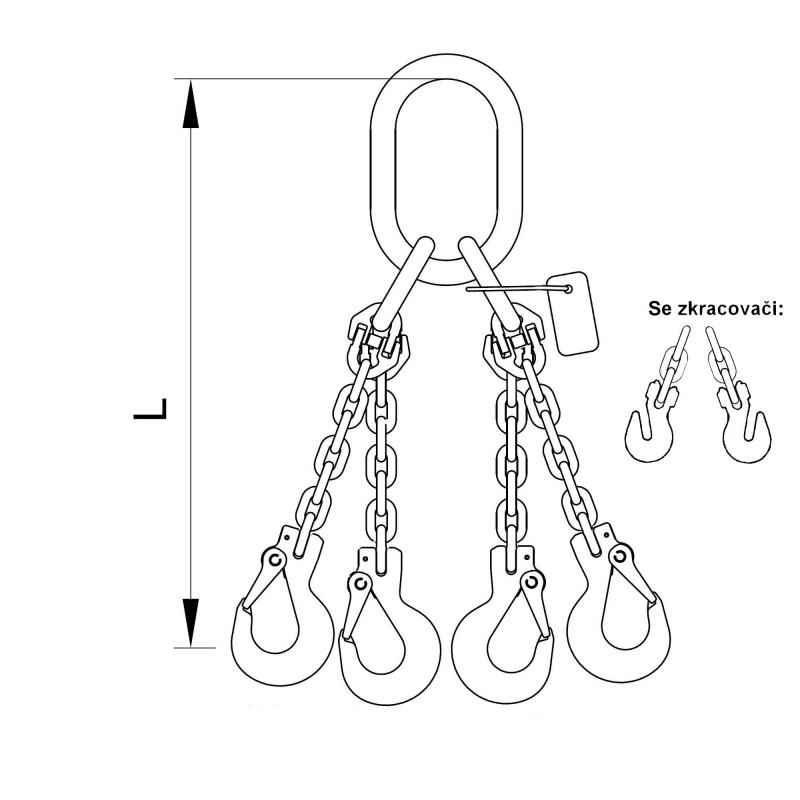 Vázací 4 x řetěz T8 oko-hák se zkrac. háky 6m 4,25 tun (0˚- 45˚) / 3 tuny (45˚- 60˚) produkt 79932299